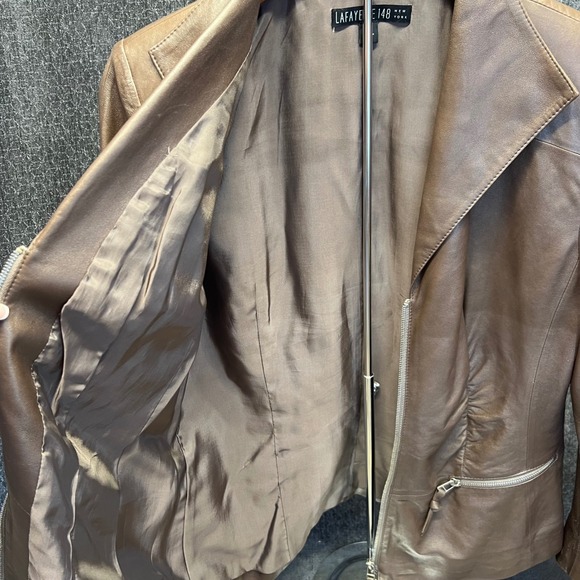 Lafayette 148 New York Leather Jacket Women's Brown Size 12 Zipper Front - Picture 9 of 13